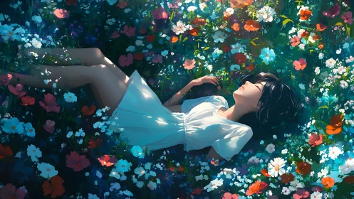 Girl in white dress resting serenely in luminous flower field.