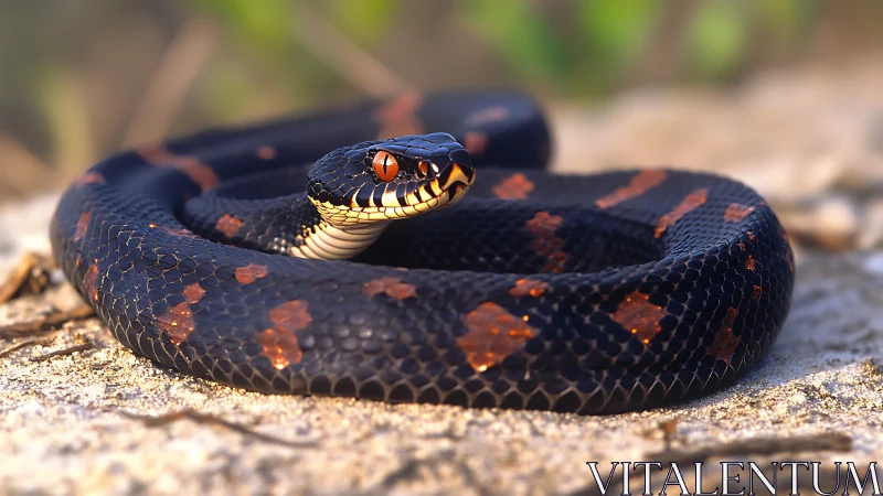 Coiled black snake with orange markings on sandy ground.