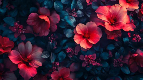 Vibrant Coral Flowers with Deep Teal Foliage in Digital Botanical Rendering