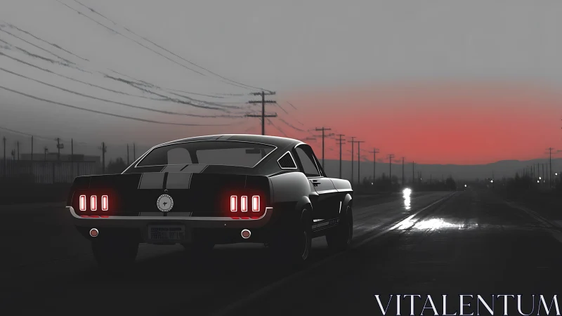 Retro fastback coupe under desaturated twilight arterial sky.