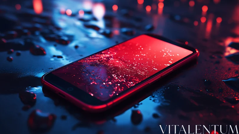 Cyberpunk wet-surface smartphone render with neon reflections.