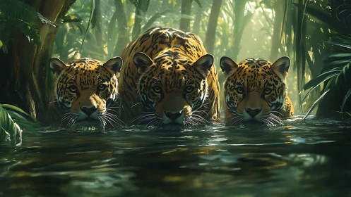 Three Jaguars Wading Through Jungle Stream.
