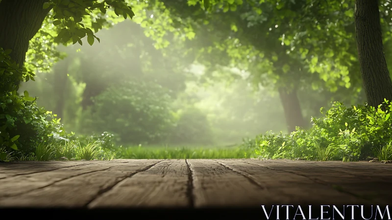 Sunlit Forest Path: Wooden Platform Framing Luminous Canopy