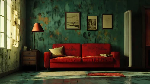 Vintage teal lounge with red sofa under moody side light.