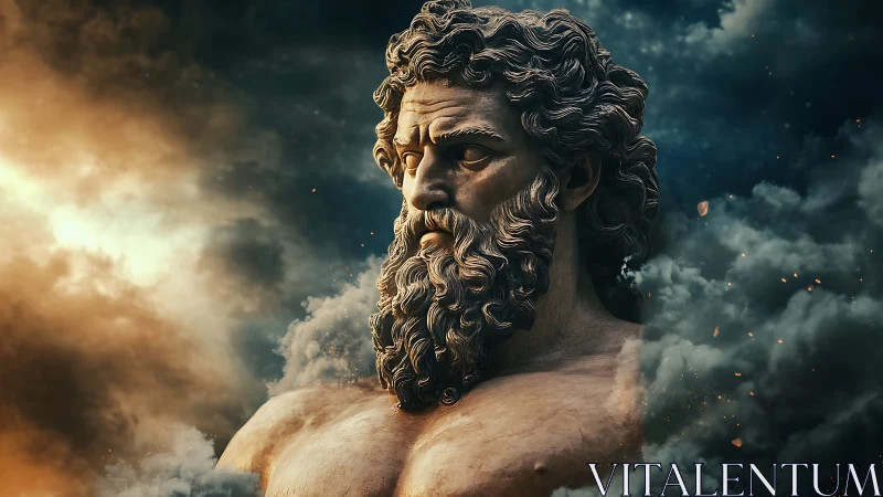 Digital bust of bearded classical male figure emerges in clouds