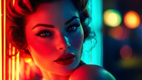 Neon siren gazes through electric twilight and color haze.