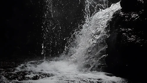 High-contrast monochrome cascade with splashing water study.
