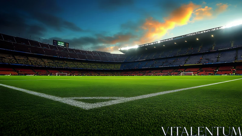 Emerald pitch awaiting kickoff under wildfire sunset skies.