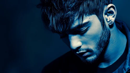 Moody male portrait bathed in deep blue cinematic light.