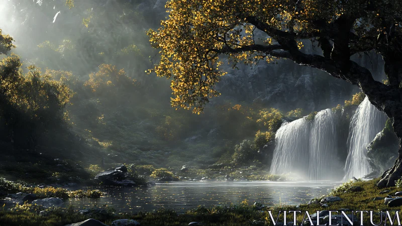 Golden Canopy Conceals Cascading Waterfall.