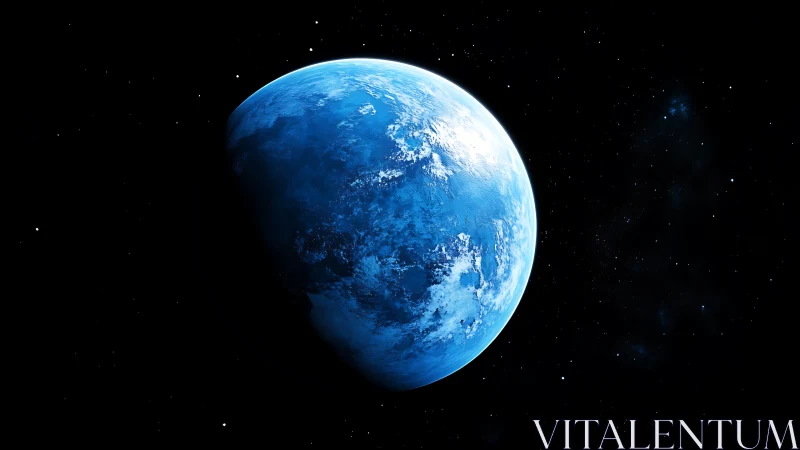 Icy blue exoplanet drifts through deep black starfield.