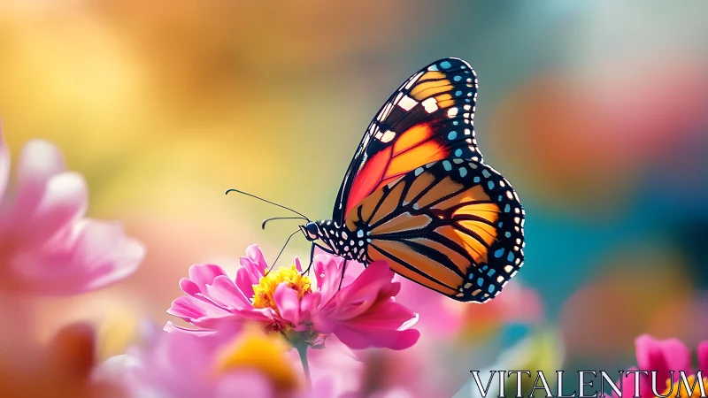 High-saturation macro study of monarch butterfly on pink composite flower
