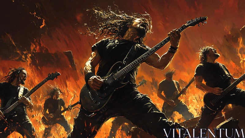 Metal guitarists dominate infernal stage in blazing orange light.