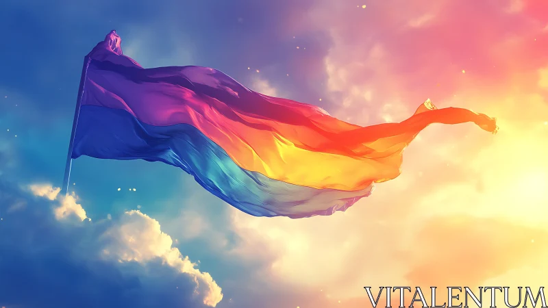 Digital painting of a luminous pride flag in radiant skyscape.