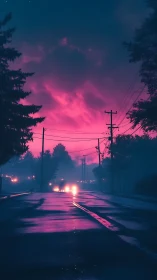 Neon dusk boulevard under electric cotton candy skies.