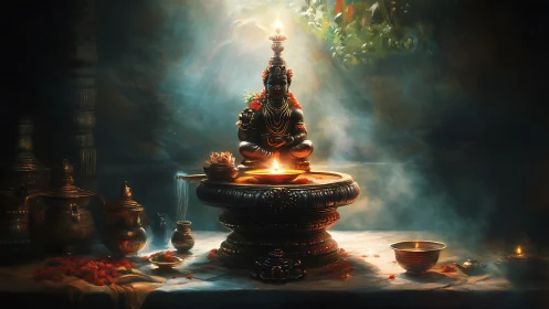 Divine brass deity sculpture glows above ritual oil lamp