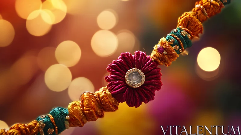 Festive rakhi bracelet glowing in soft golden lights.