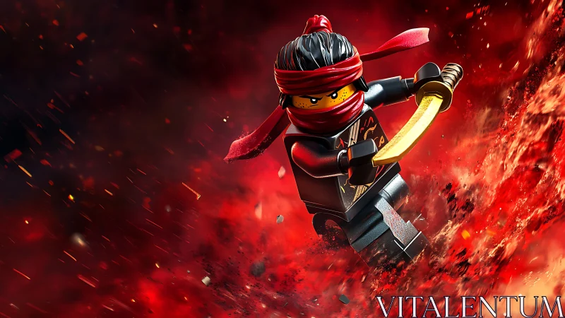 Lego ninja minifigure with sword in intense red action scene.