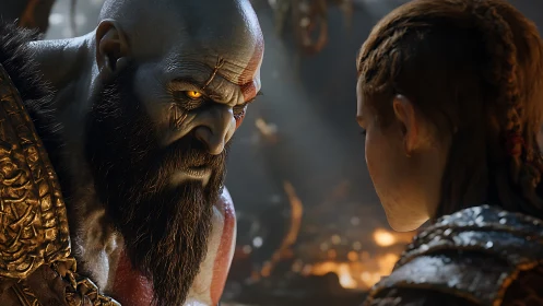 Bearded warrior confronting youth in detailed fantasy scene.