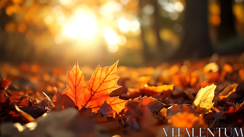 Sunlit maple leaf blazing amid a glowing autumn forest floor.