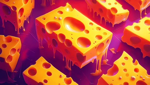 Melted cartoon cheese blocks on vivid magenta surface.