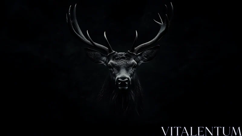 Midnight stag portrait glowing from the forest shadows.