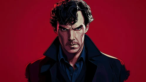 Stylized detective portrait under intense red backdrop.