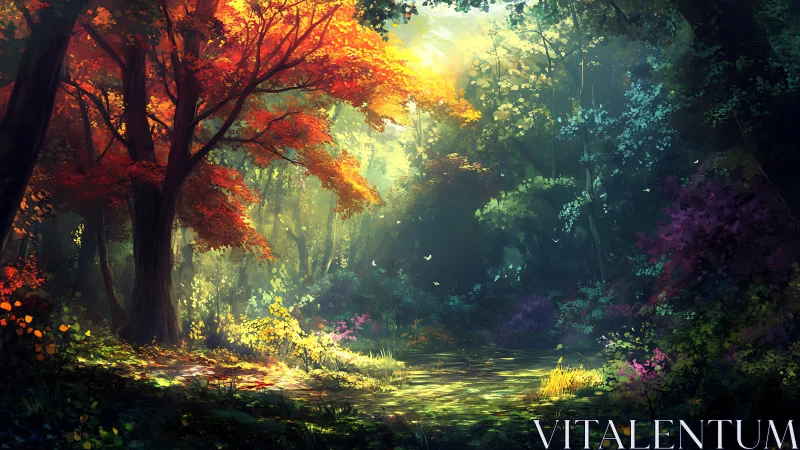 Forest landscape with autumn foliage and water reflection.