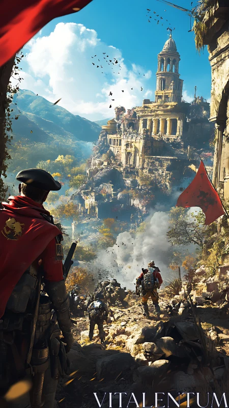 Armored soldiers advance on ruined hillside citadel.