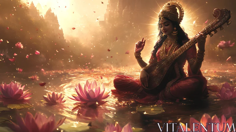 Lotus lake goddess strums luminous melodies at sunrise.