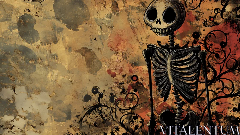 Stylized cartoon skeleton on grunge floral sepia backdrop