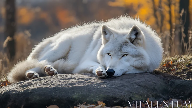 Soft autumn sunlight cradles a resting white wolf peacefully