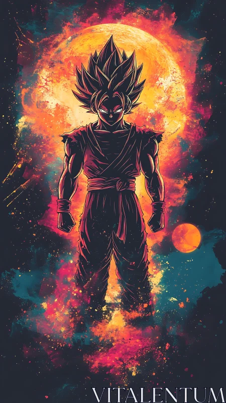 Cosmic warrior silhouette glowing against a blazing moon.