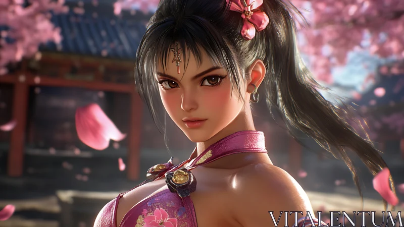 Female character in pink outfit under cherry blossoms.