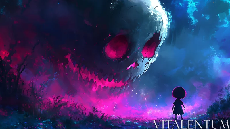 Child confronts colossal neon skull in spectral twilight.