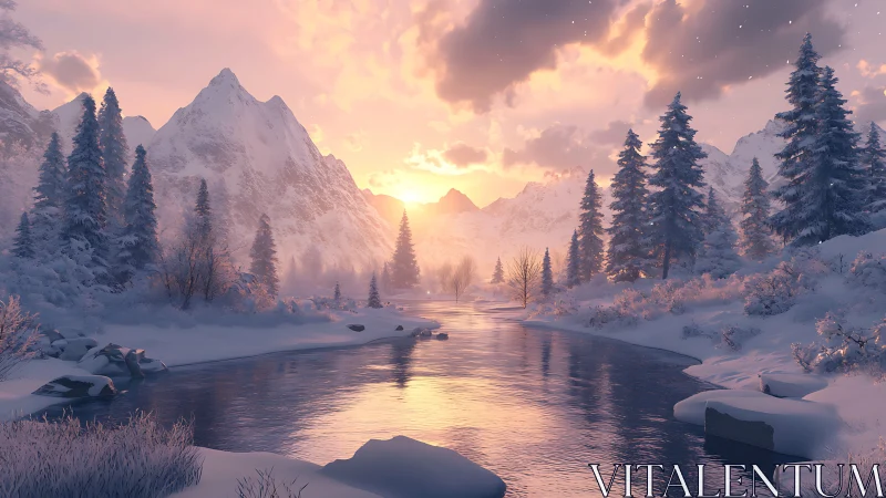 Winter river sunrise under glowing alpine peaks.