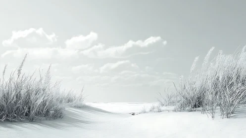 Minimalist winter dune landscape with frosted coastal grasses