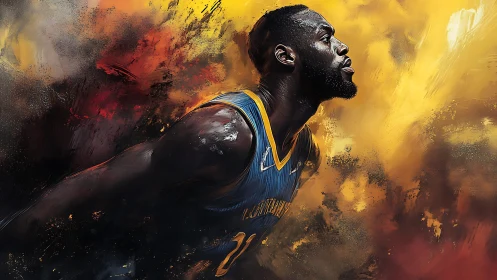 Flame-lit basketball guardian surges through painted storm.