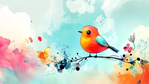 Vibrant watercolor bird on branch in whimsical spring scene.