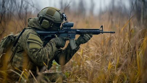 Soldier in tactical gear aiming rifle in autumn field.