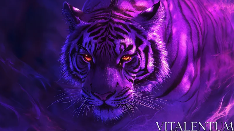Digital tiger portrait uses high contrast violet lighting carefully