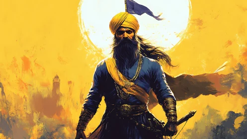 Sikh warrior portrait under blazing sun in golden haze.