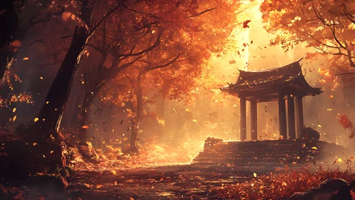Sunlit autumn shrine glowing softly in a peaceful forest.