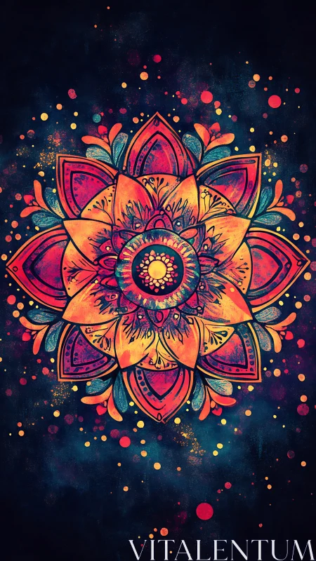 Radiant mandala bloom in neon cosmic splatter field.