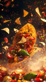 Loaded nacho chips explode with colorful fresh salsa ingredients.