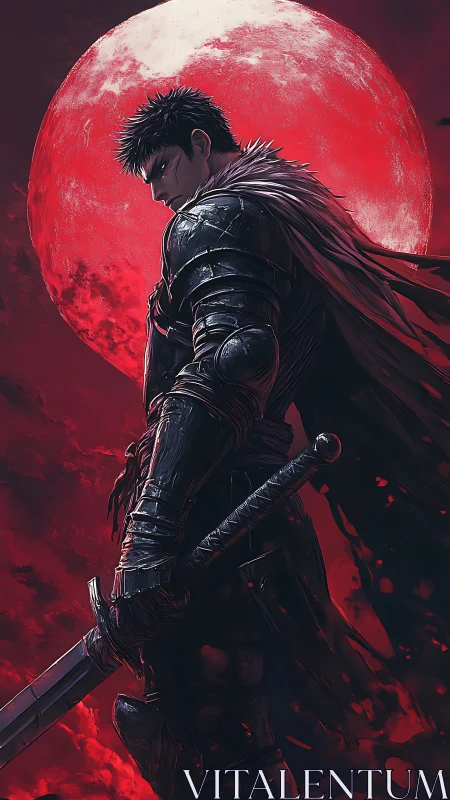 Lone dark swordsman beneath a blazing red moonlit sky.
