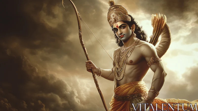 Warrior deity holds ornate bow under stormlit sky