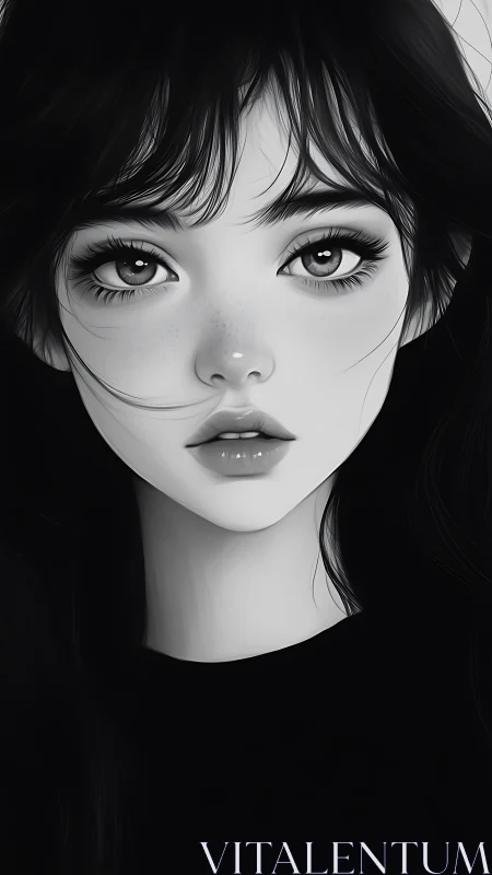 Monochrome digital portrait isolates stylized female face details