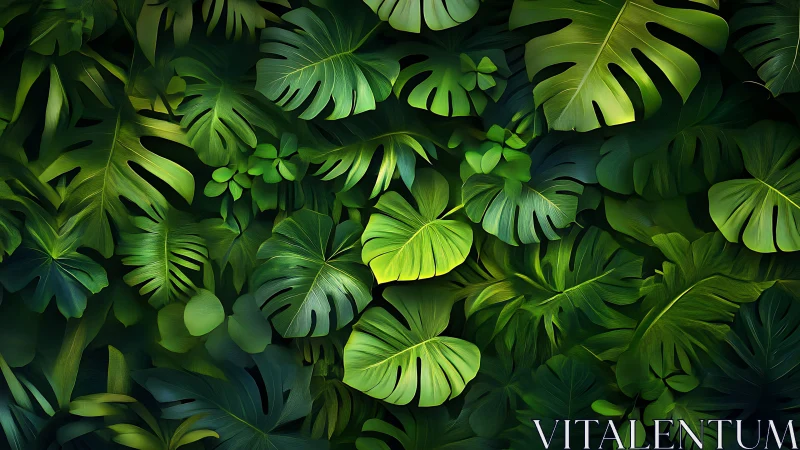 Digital lush monstera foliage pattern with layered depth.