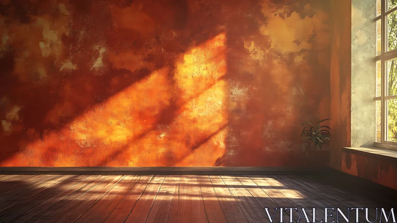 Sunlit textured orange wall across rustic wooden floor.